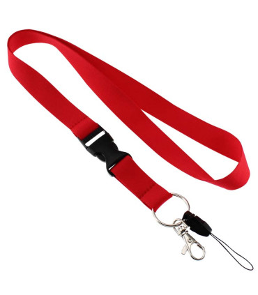 Lanyard rojo con accesorio porta celular y clip de seguridad