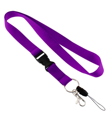 Lanyard morado personalizado con tip top y mosqueton metalico